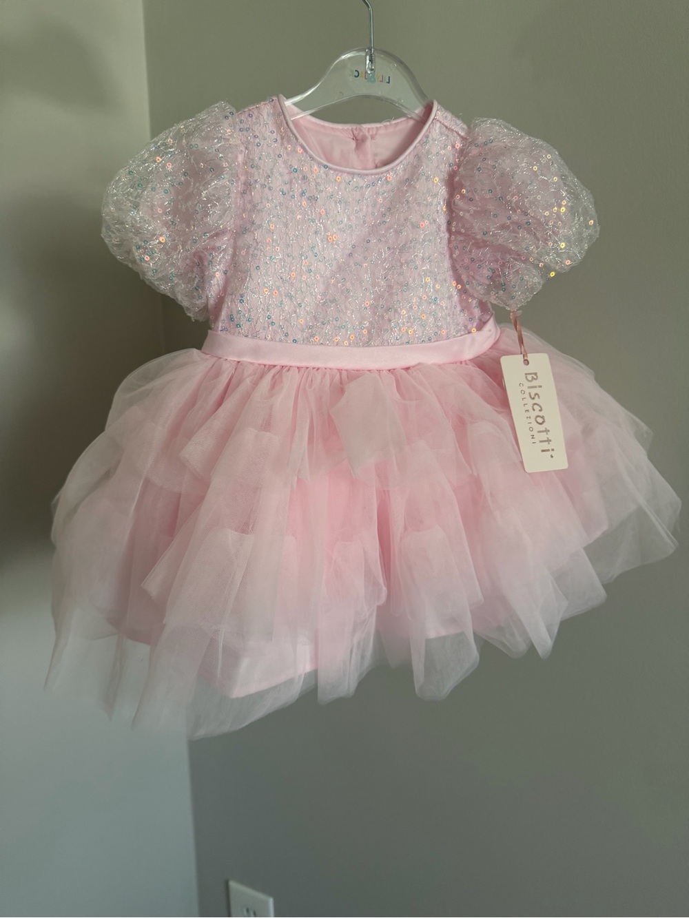Biscotti Pink Sequin Puff Sleeve Tulle Dress